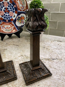 PAIR Antique English Candlesticks Candle Holders Carved Oak Acanthus