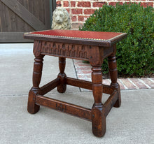 Load image into Gallery viewer, Antique English Foot Stool Small Bench Leather Top Joint Stool Oak Maker&#39;s Tag