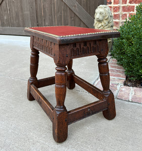 Antique English Foot Stool Small Bench Leather Top Joint Stool Oak Maker's Tag