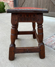 Load image into Gallery viewer, Antique English Foot Stool Small Bench Leather Top Joint Stool Oak Maker&#39;s Tag
