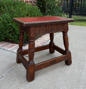 Antique English Foot Stool Small Bench Leather Top Joint Stool Oak Maker's Tag