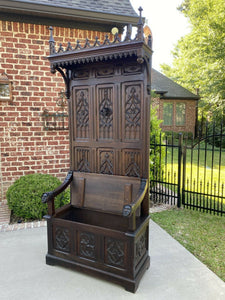 Antique French HALL SEAT MONK'S BENCH Throne Chair Gothic TALL Carved Oak 19th C