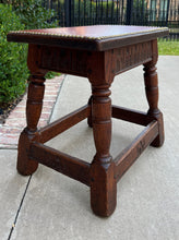 Load image into Gallery viewer, Antique English Foot Stool Small Bench Leather Top Joint Stool Oak Maker&#39;s Tag