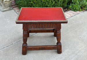 Antique English Foot Stool Small Bench Leather Top Joint Stool Oak Maker's Tag