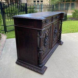 Antique French Sideboard Server Cabinet Renaissance Carved Oak 55" W