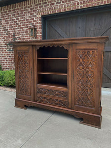 Antique English Oak Bookcase Display Cabinet Gothic WIDE 74" Tiger Oak 1930s