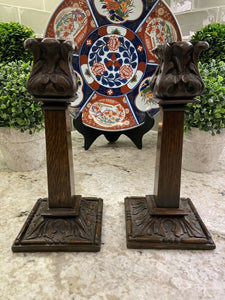 PAIR Antique English Candlesticks Candle Holders Carved Oak Acanthus