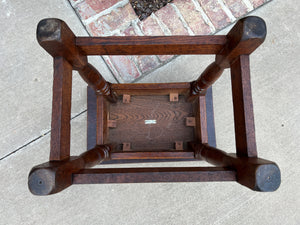 Antique English Foot Stool Small Bench Leather Top Joint Stool Oak Maker's Tag