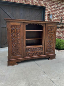 Antique English Oak Bookcase Display Cabinet Gothic WIDE 74" Tiger Oak 1930s