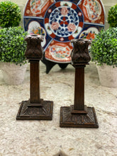 Load image into Gallery viewer, PAIR Antique English Candlesticks Candle Holders Carved Oak Acanthus