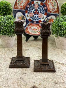 PAIR Antique English Candlesticks Candle Holders Carved Oak Acanthus