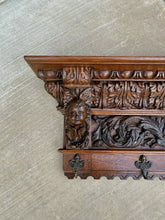 Load image into Gallery viewer, Antique French Renaissance Wall Shelf Coat Hat Pot Rack Hooks Oak CHERUBS 85&quot; W