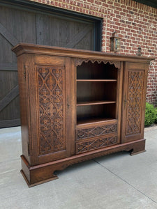 Antique English Oak Bookcase Display Cabinet Gothic WIDE 74" Tiger Oak 1930s