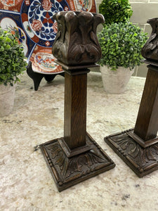 PAIR Antique English Candlesticks Candle Holders Carved Oak Acanthus