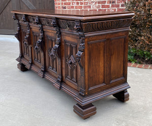 Antique English Sideboard Server Cabinet Buffet Jacobean Oak Lions Large 19th C