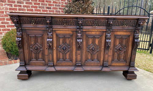 Antique English Sideboard Server Cabinet Buffet Jacobean Oak Lions Large 19th C