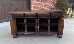 Antique English Sideboard Server Cabinet Buffet Jacobean Oak Lions Large 19th C