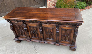 Antique English Sideboard Server Cabinet Buffet Jacobean Oak Lions Large 19th C