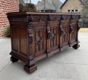 Antique English Sideboard Server Cabinet Buffet Jacobean Oak Lions Large 19th C