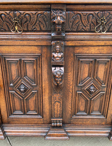 Antique English Sideboard Server Cabinet Buffet Jacobean Oak Lions Large 19th C