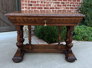 Antique French Writing Desk Table Renaissance Revival Dolphin Style Carved Oak