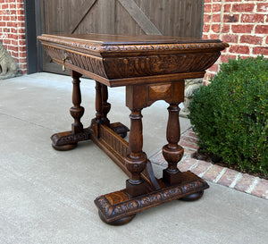 Antique French Writing Desk Table Renaissance Revival Dolphin Style Carved Oak