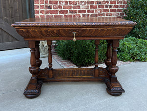 Antique French Writing Desk Table Renaissance Revival Dolphin Style Carved Oak