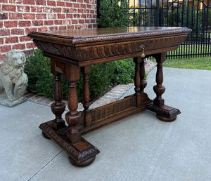 Antique French Writing Desk Table Renaissance Revival Dolphin Style Carved Oak