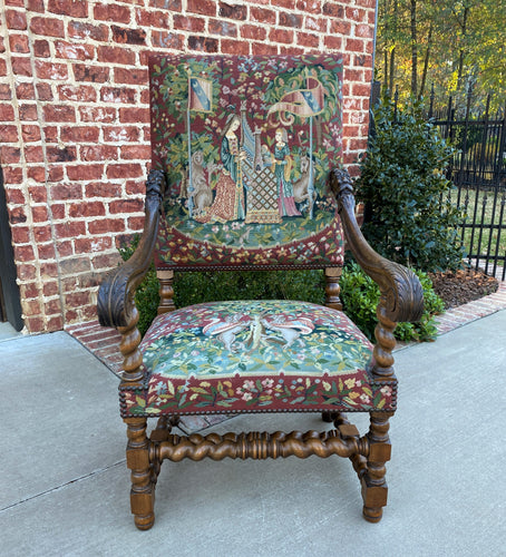 Antique French Chair Tapestry Needlepoint Walnut Fireside Throne Barley Twist