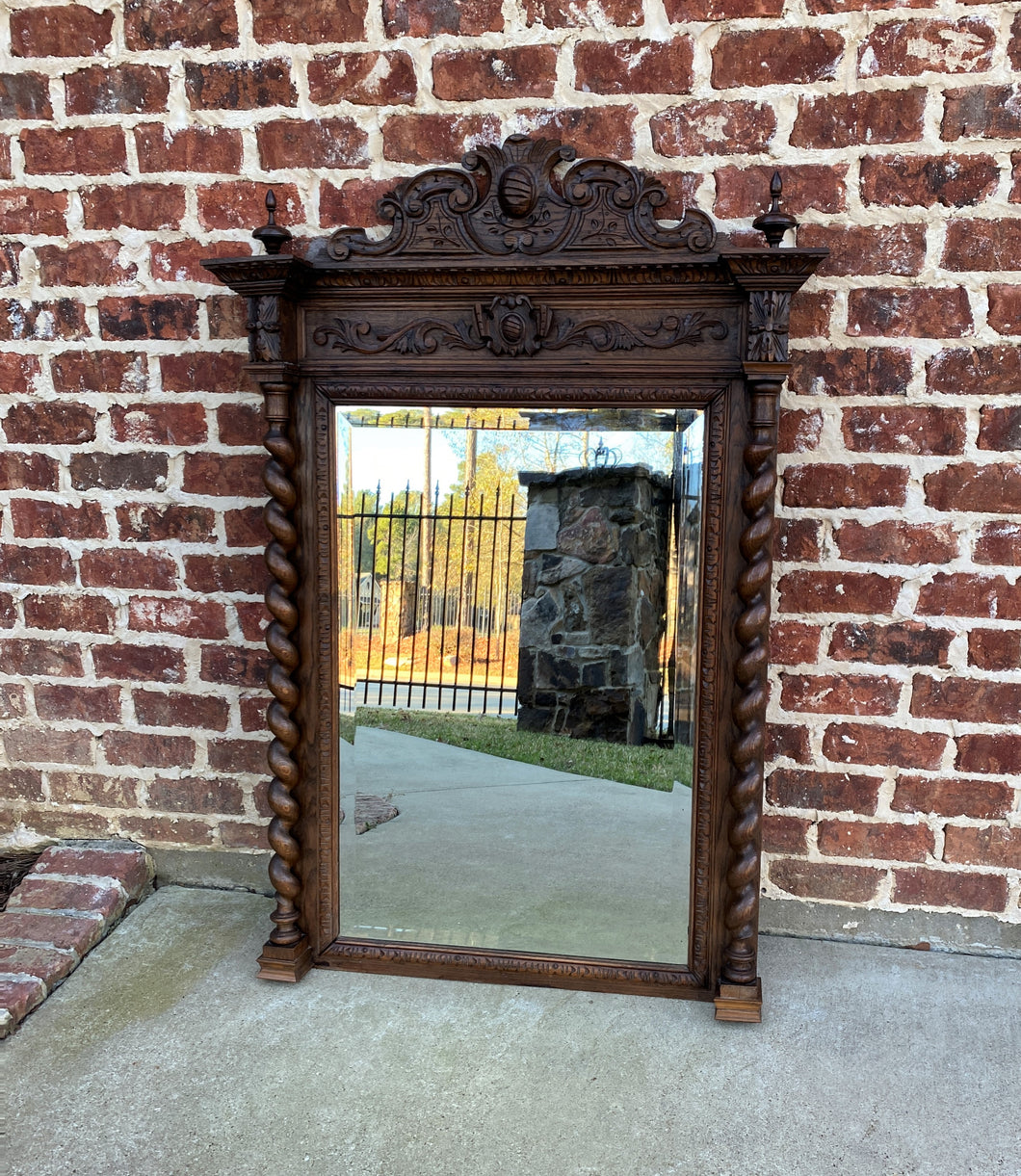 Antique French Mirror Pier Mantel Beveled Carved Oak Crown Barley Twist LARGE