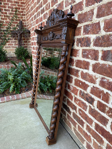 Antique French Mirror Pier Mantel Beveled Carved Oak Crown Barley Twist LARGE