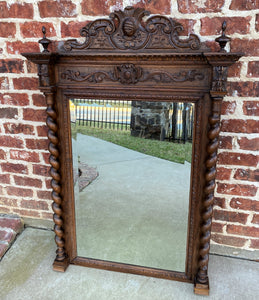 Antique French Mirror Pier Mantel Beveled Carved Oak Crown Barley Twist LARGE