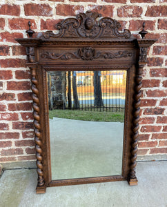 Antique French Mirror Pier Mantel Beveled Carved Oak Crown Barley Twist LARGE