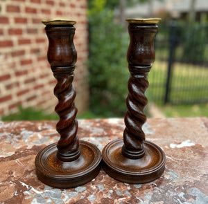 Antique English Barley Twist Candlesticks Candle Holders Oak PAIR 11" Tall