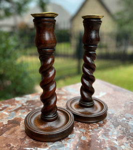 Antique English Gothic Revival Candlesticks Candle Holders Oak Pair 11.25  Tall