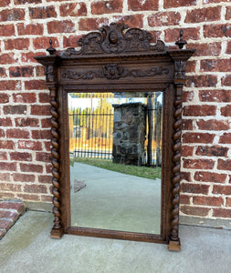 Antique French Mirror Pier Mantel Beveled Carved Oak Crown Barley Twist LARGE