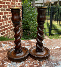 Load image into Gallery viewer, Antique English Barley Twist Candlesticks Candle Holders Oak PAIR 11&quot; Tall