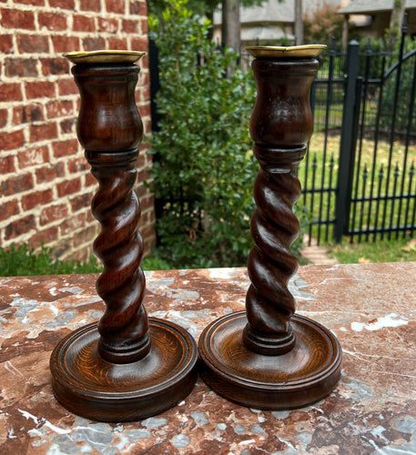 Antique English Gothic Revival Candlesticks Candle Holders Oak PAIR 11.25  Tall
