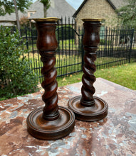 Load image into Gallery viewer, Antique English Barley Twist Candlesticks Candle Holders Oak PAIR 11&quot; Tall
