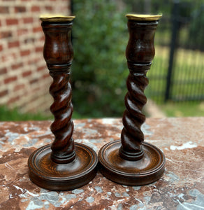Antique English Barley Twist Candlesticks Candle Holders Oak PAIR 11" Tall