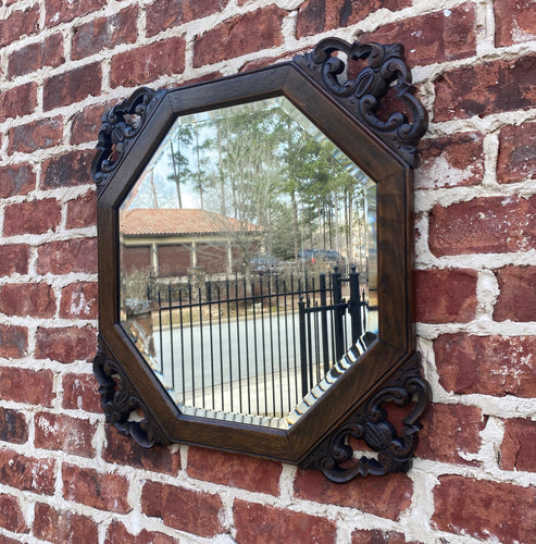 Antique English Wall Mirror Beveled Framed Oak Open Carved Corners Octagonal