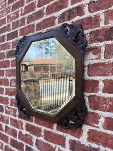 Antique English Wall Mirror Beveled Framed Oak Open Carved Corners Octagonal