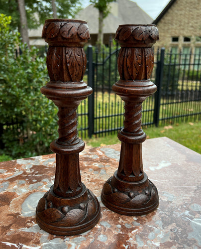 Antique English Gothic Revival Candlesticks Candle Holders Oak PAIR 11.25