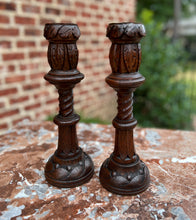 Load image into Gallery viewer, Antique English Gothic Revival Candlesticks Candle Holders Oak PAIR 11.25&quot; Tall