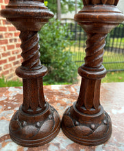Load image into Gallery viewer, Antique English Gothic Revival Candlesticks Candle Holders Oak PAIR 11.25&quot; Tall