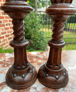 Antique English Gothic Revival Candlesticks Candle Holders Oak PAIR 11.25" Tall