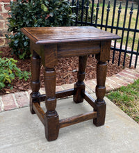 Load image into Gallery viewer, Antique English Oak Joint Stool Bench Footstool Turned Post Pegged 19.5&quot; T 1930s