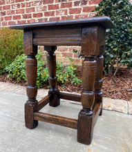 Load image into Gallery viewer, Antique English Oak Joint Stool Bench Footstool Turned Post Pegged 19.5&quot; T 1930s
