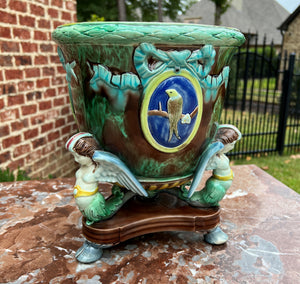 Antique French Majolica Cache Pot Planter Bowl Footed Jardiniere Angels Birds