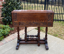 Load image into Gallery viewer, Antique English Drop Leaf Table Carved Top PETITE Trestle Legs Oak c. 1900